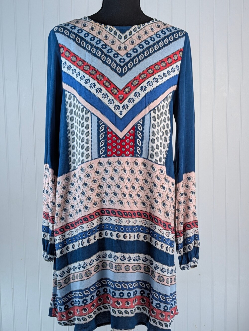 Express Boho Patchwork Mixed Pattern Shift Dress Long Sleeve Mini XS